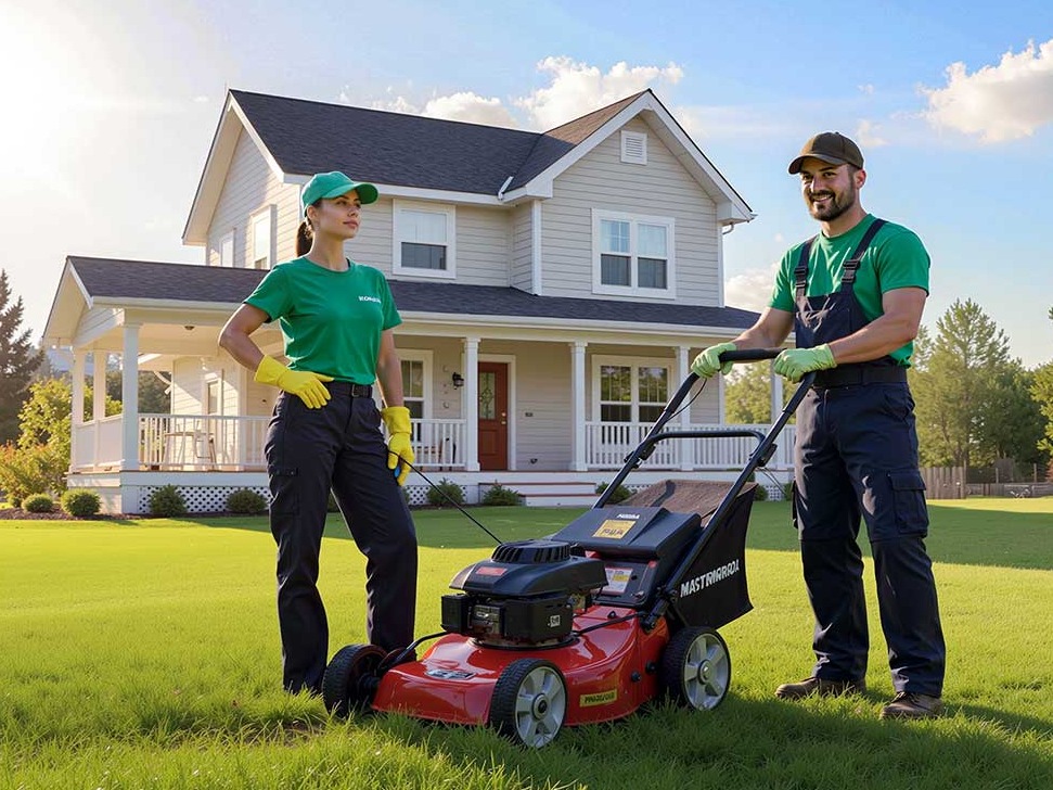 Two uniformed lawn care professionals standing with a red lawn mower on a neatly cut green lawn in front of a large white house on a sunny day, representing professional residential lawn maintenance.