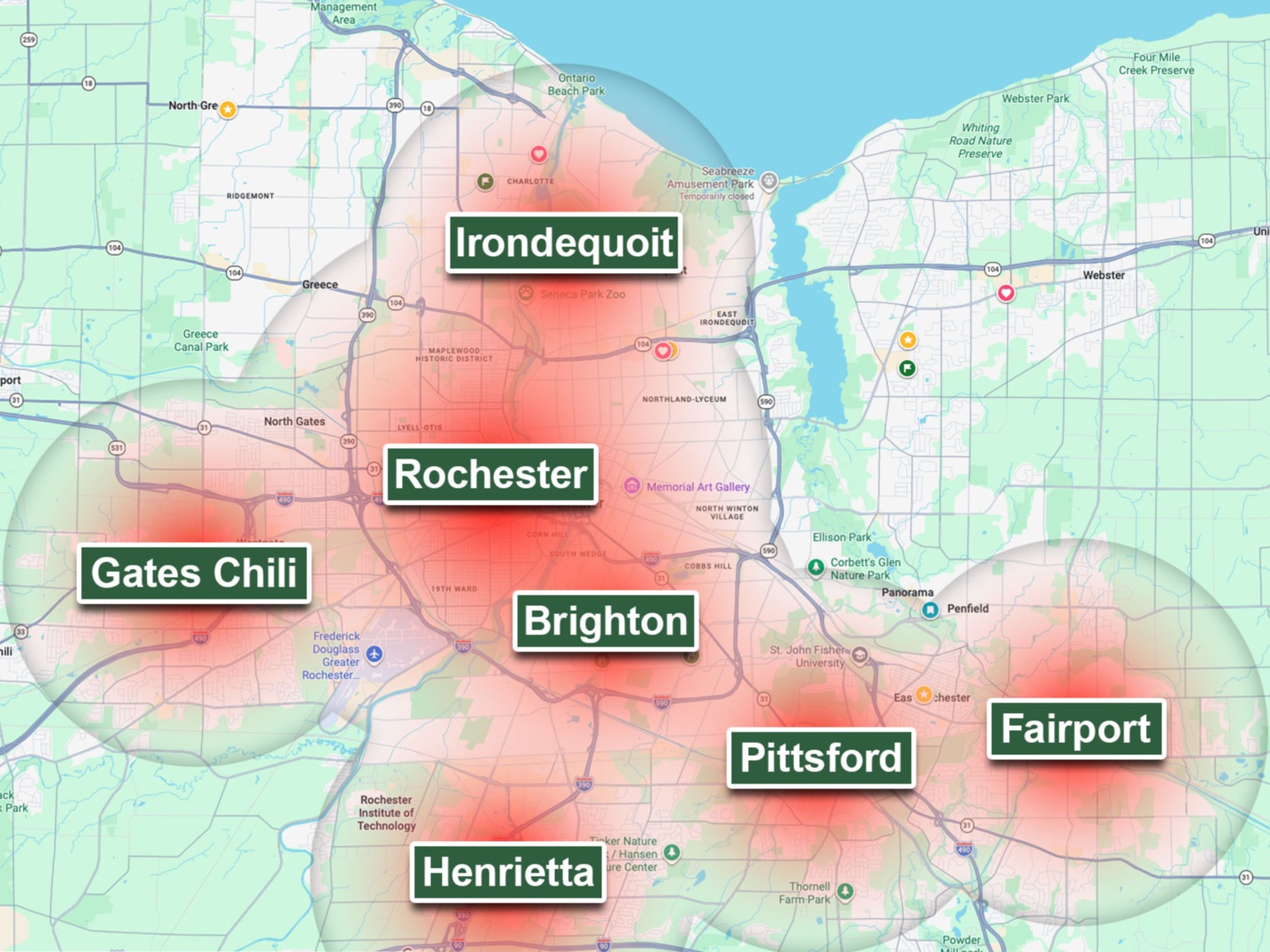 Service area map highlighting Rochester, Gates Chili, Irondequoit, Brighton, Henrietta, Pittsford, and Fairport, showing the Monroe County communities served by Alba’s Property Service.