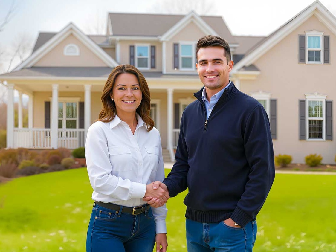 A homeowner shaking hands with a lawn care contractor in front of a well-kept suburban house, illustrating the trust Rochester customers place in Alba’s Property Service.