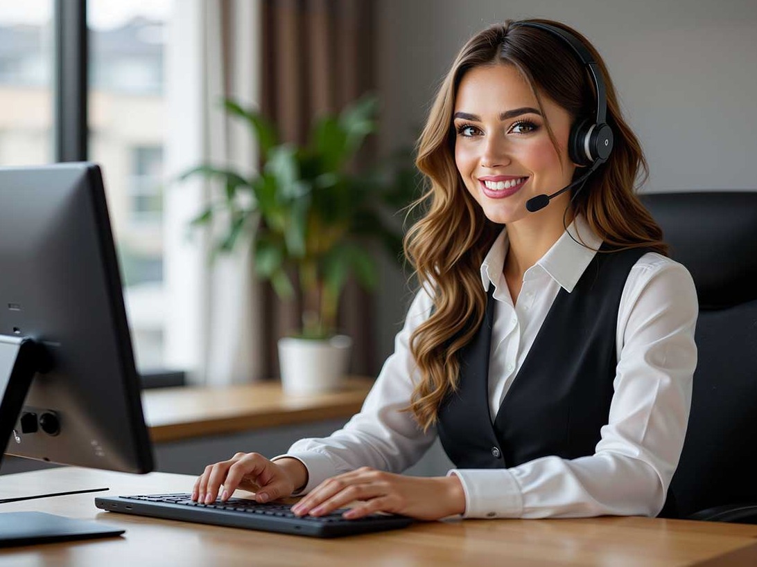 Professional female customer service receptionist wearing a headset receiving calls from future clients of Alba's Property Service.